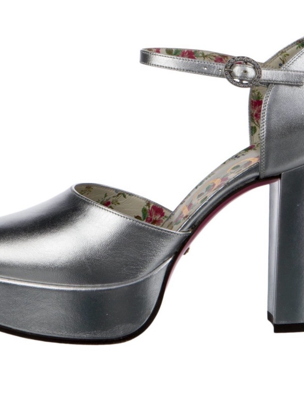 Gucci Silver Metallic Platform Mary Jane Heels